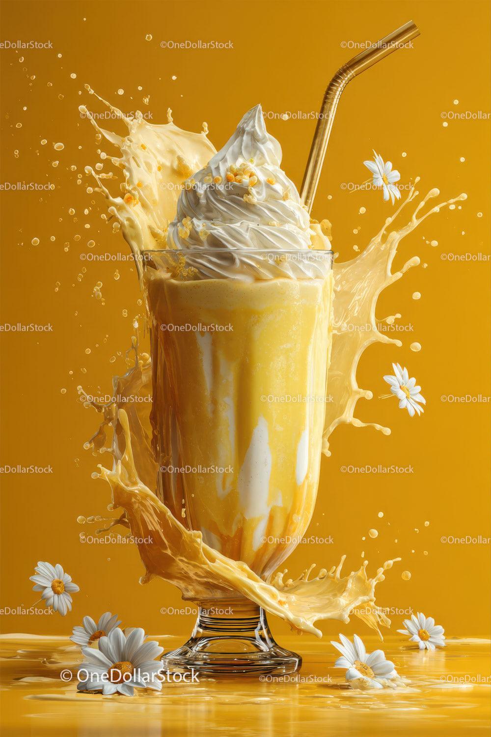 Creamy Lemon Milkshake with Splash and Daisy Flowers