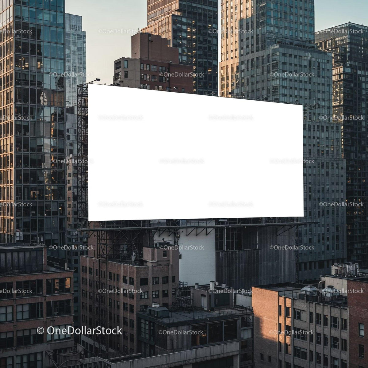 Blank Urban Billboard Among Modern City Skyscrapers JPG Mockup Image preview