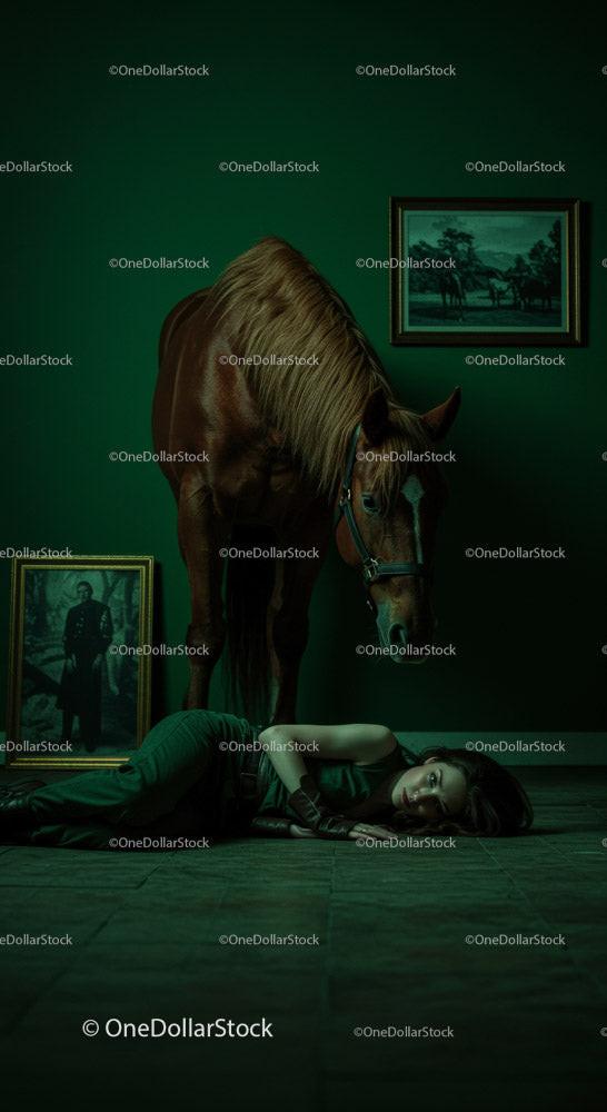 Woman Lying on Floor Beside a Horse in Dramatic Green Room Stock Photo Bundle preview 13