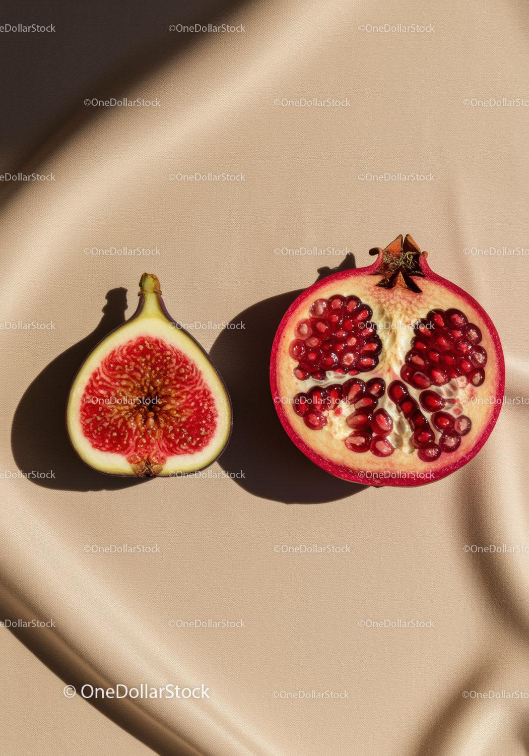 Fresh fig and pomegranate halves on beige fabric