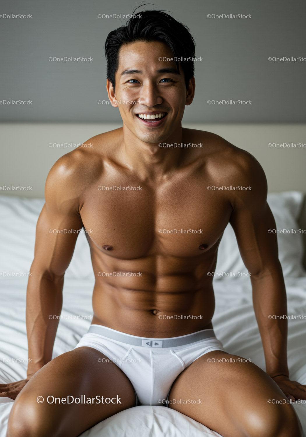 Fit young man smiling confidently on bed in white briefs