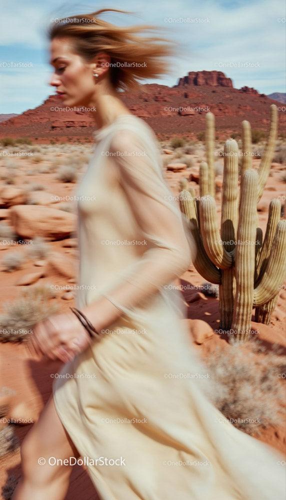Elegant Model in Flowing Dress Walking Through Desert Landscape Stock Photo Bundle preview 5