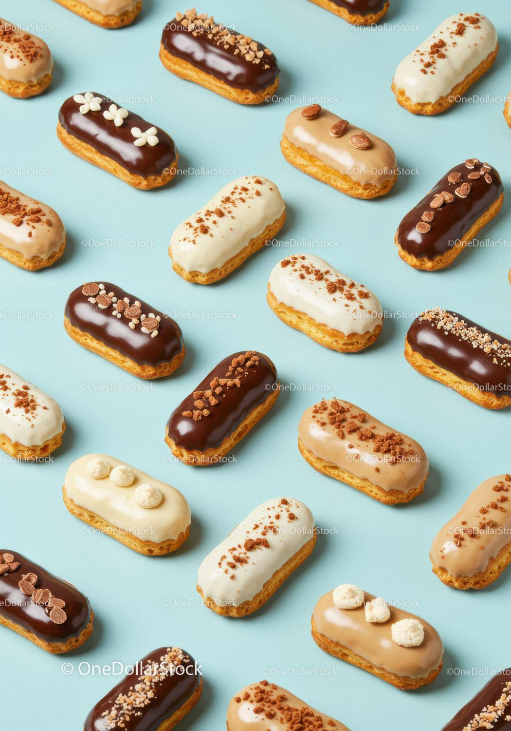 Assorted Mini Eclairs With Different Cream Toppings