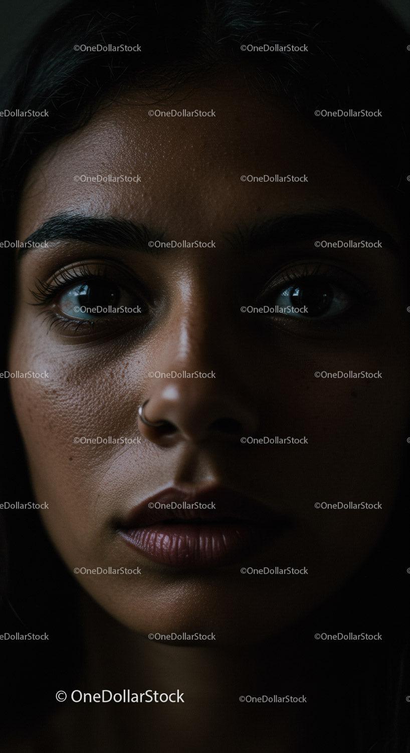 Close up portrait of thoughtful woman in soft shadows