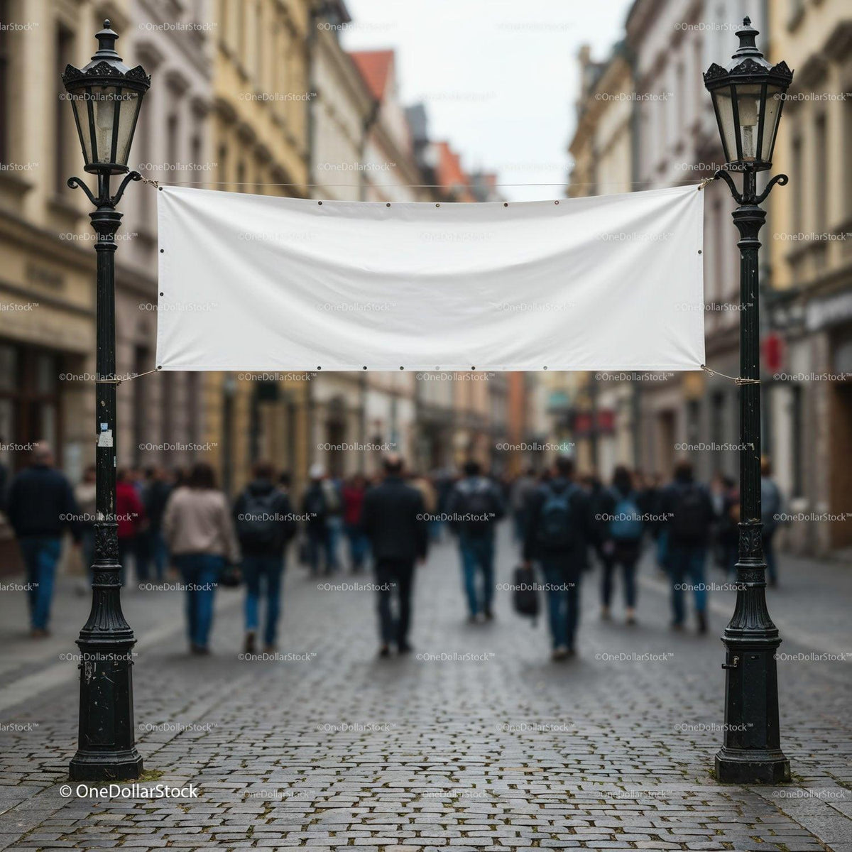 Empty white banner over busy urban street scene JPG Mockup Image preview
