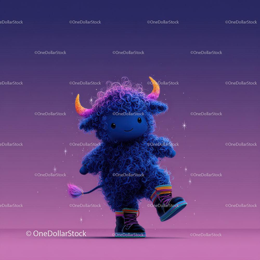 Small blue curly creature with orange horns wearing colorful sneakers on purple background