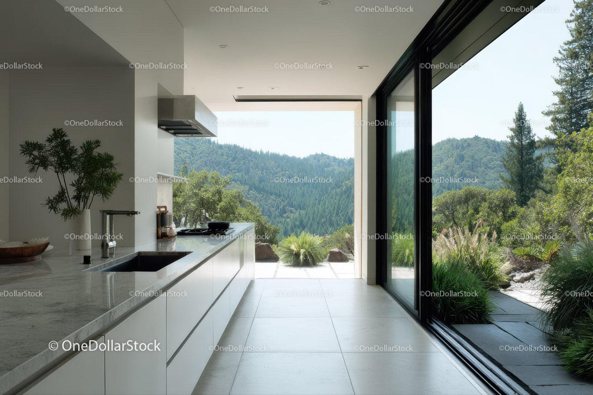 Modern Kitchen with Mountain View and Scenic Landscape