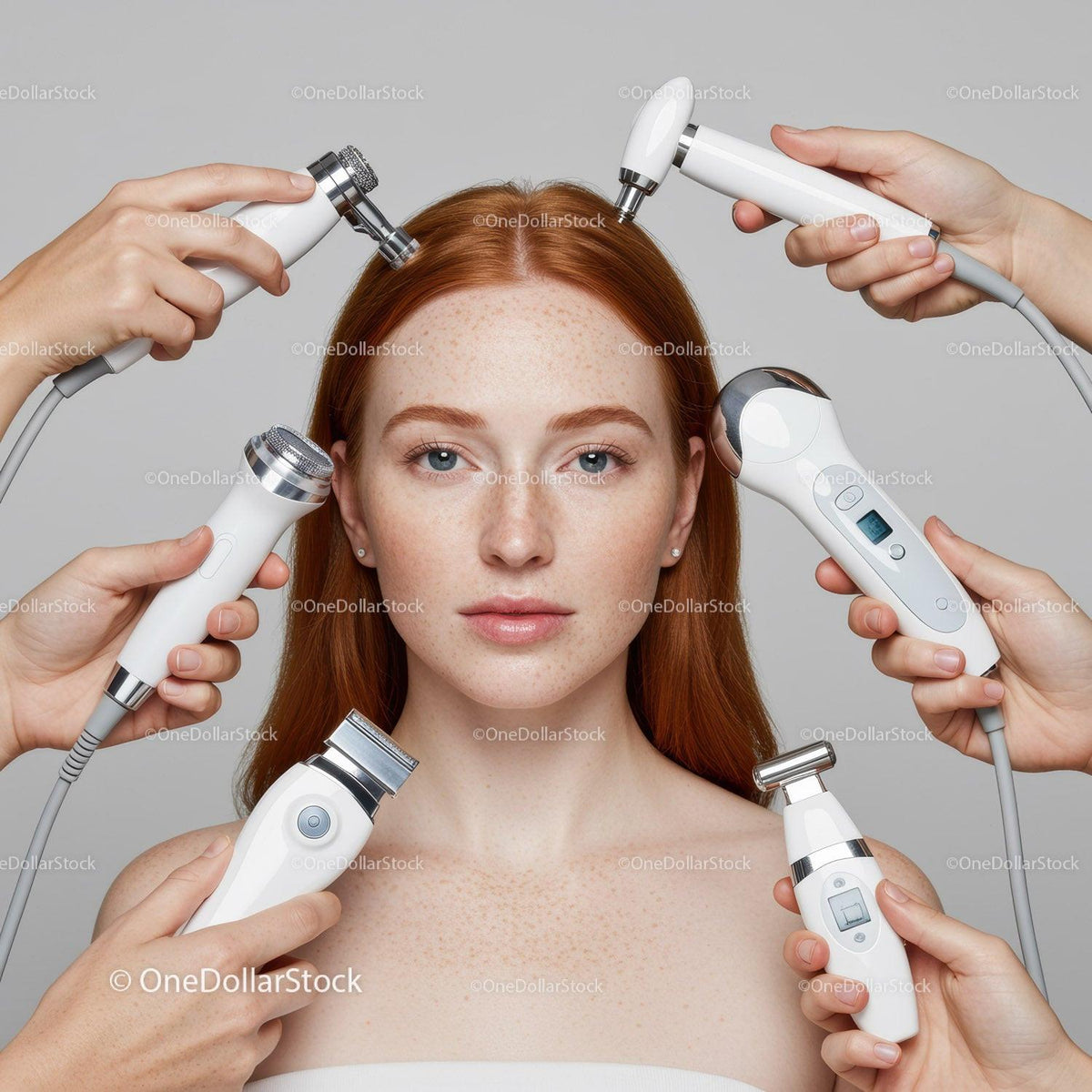 Redhead Woman Receiving Facial Cleansing Treatment with Beauty Devices