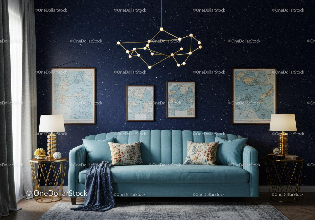 Cozy living room with celestial wall decor and blue sofa