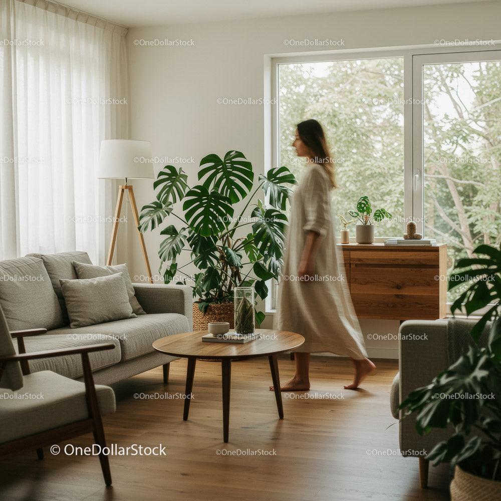 Elegant Woman Walking in a Modern Living Room with Plants Stock Photo Bundle preview 10