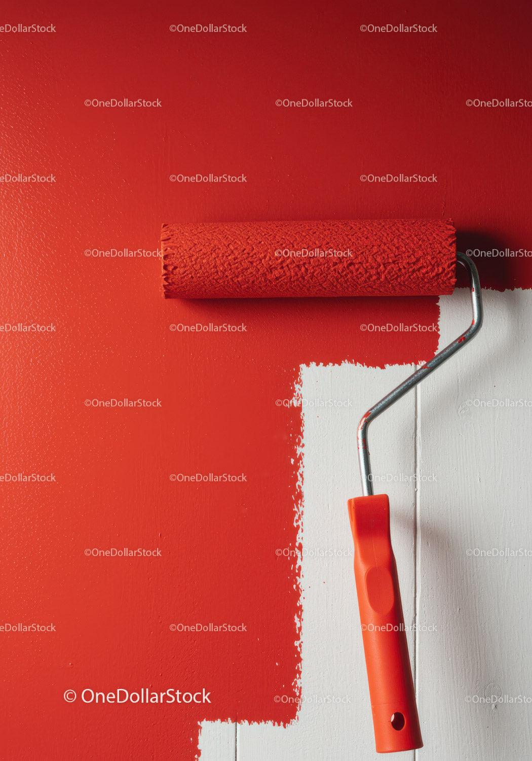 Red Paint Wall with Roller in Modern Interior for Home Renovation