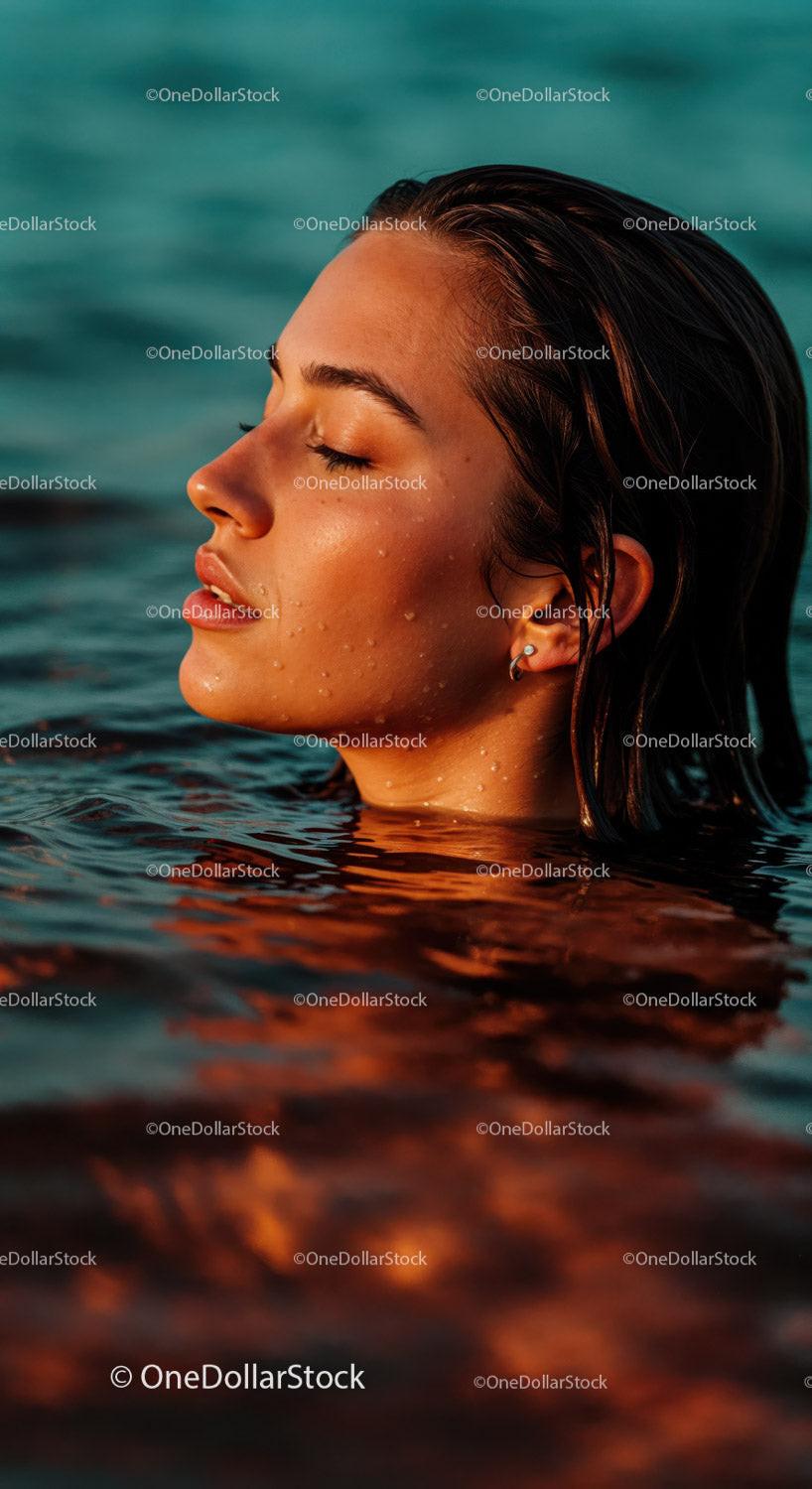 Woman Relaxing in the Ocean at Sunset with Warm Lighting 11 JPG Files digital asset preview