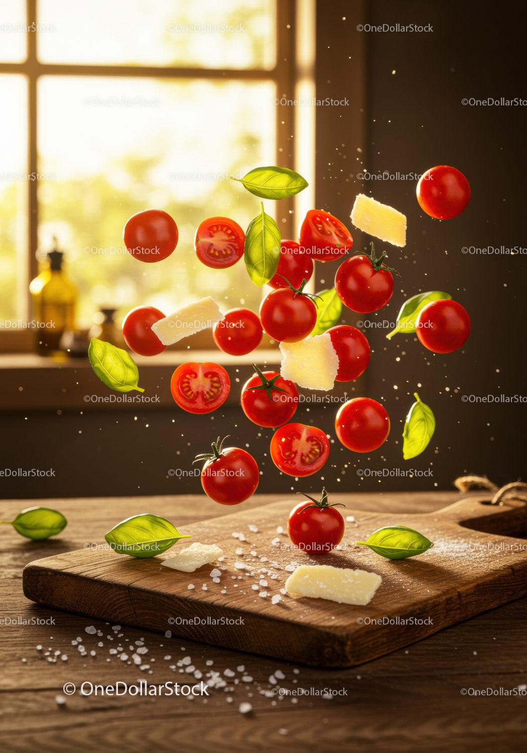 Fresh Ingredients Floating Above Rustic Wooden Board