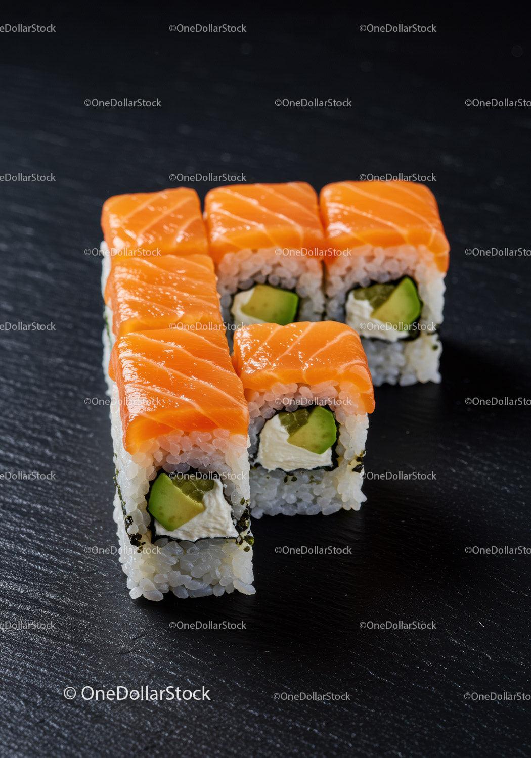 Fresh salmon and avocado sushi rolls on black slate