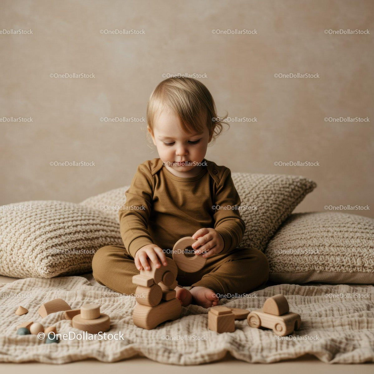 Toddler playing with wooden blocks in cozy setting