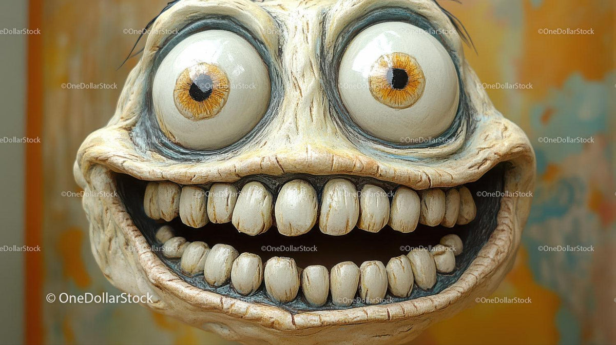 Large cartoon face with bulging orange eyes and a wide toothy grin