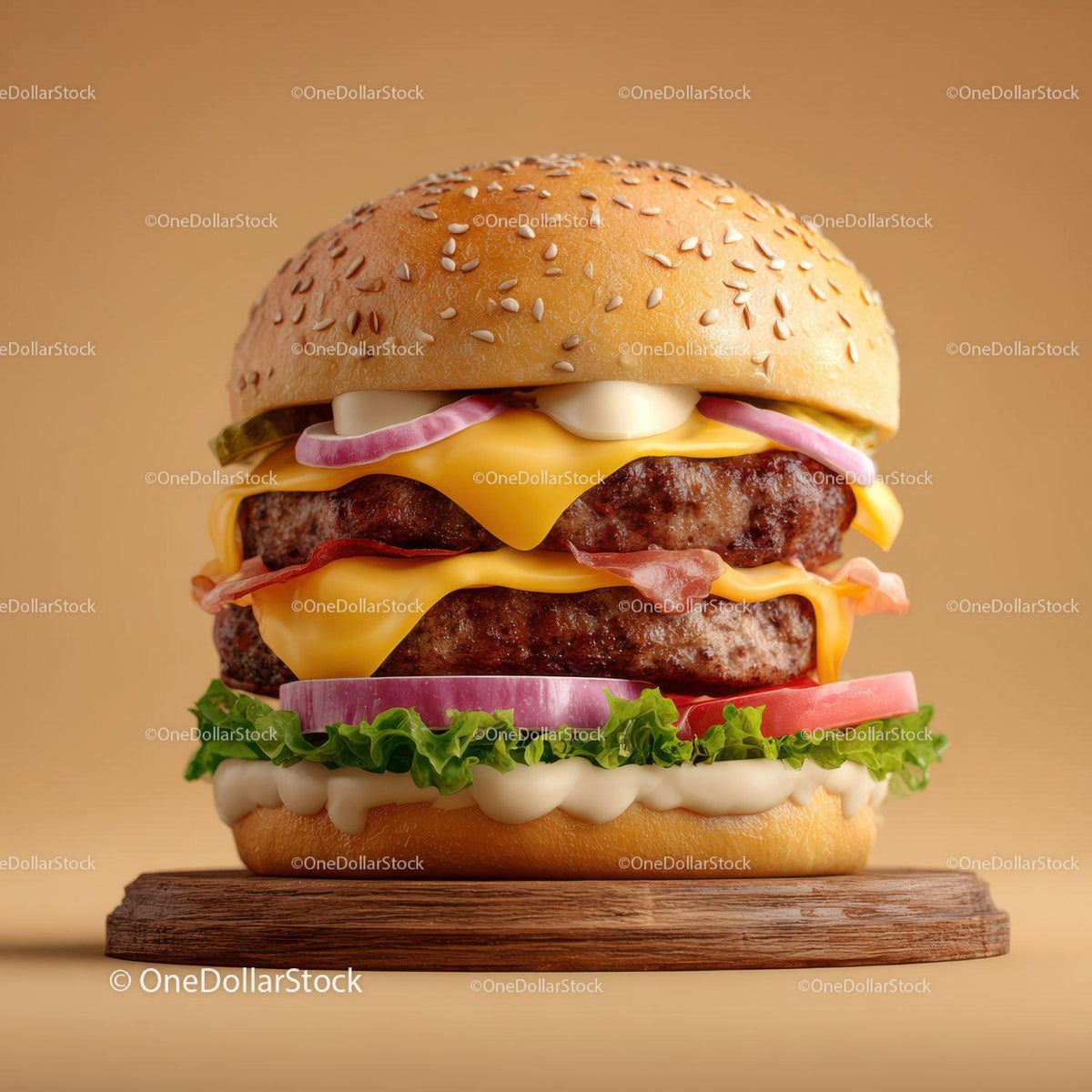 Gourmet Cheeseburger with Cheese Lettuce Tomato Red Onions Stock Photo Bundle preview 14