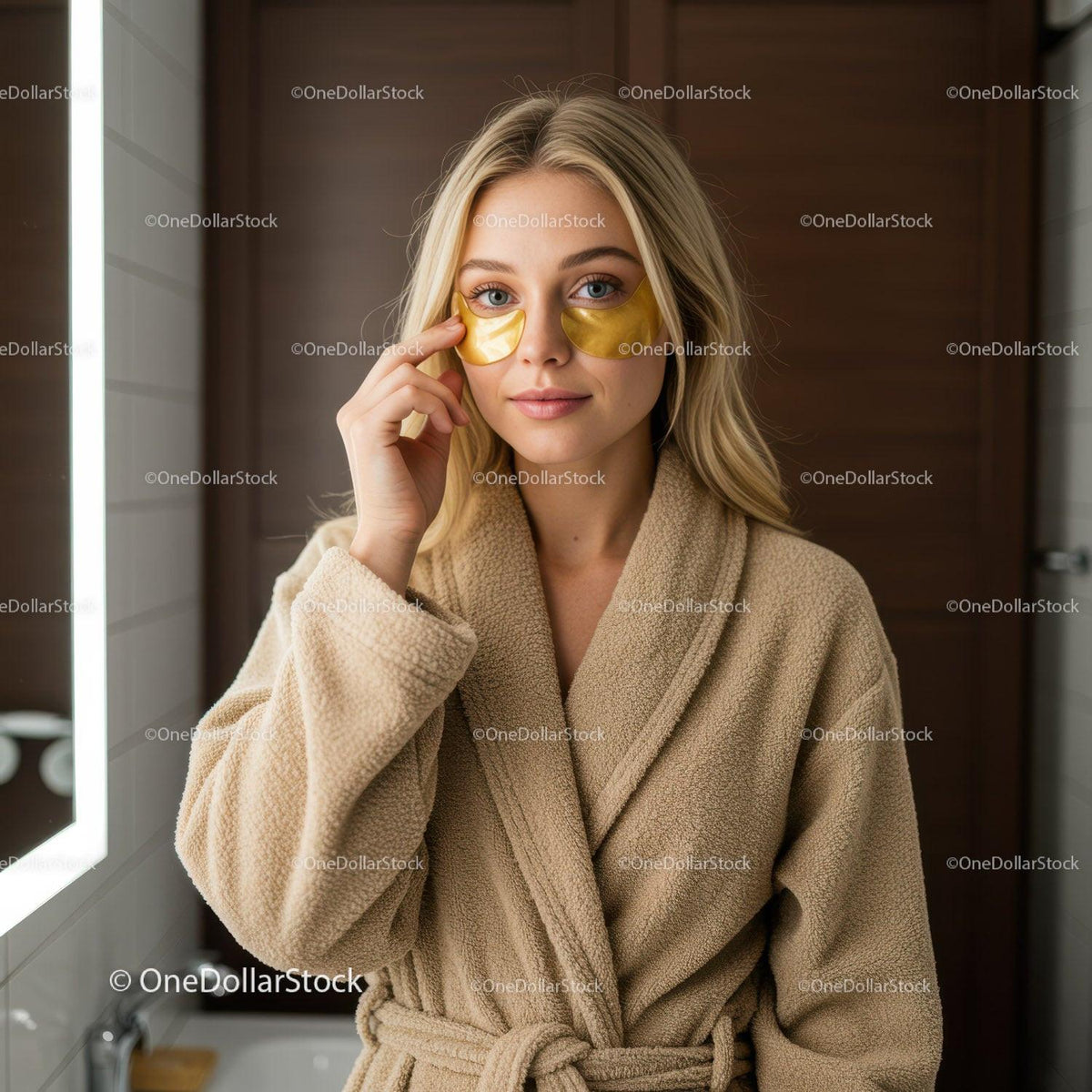 Young Woman in Cozy Bathroom Applying Gold Eye Masks for Skin Rejuvenation