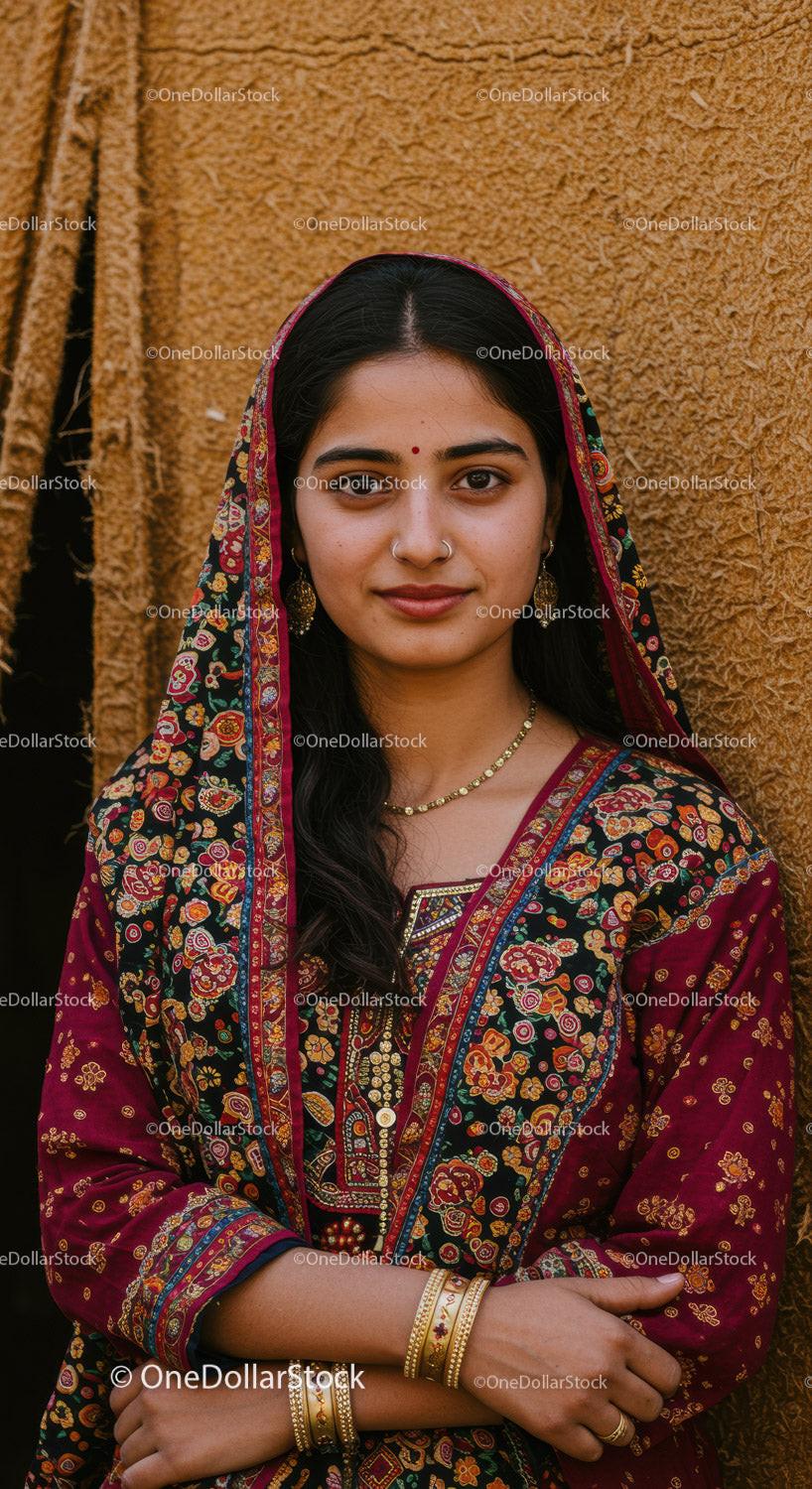 Elegant Indian Woman in Traditional Sari with Gold Jewelry and Embroidered Fabric