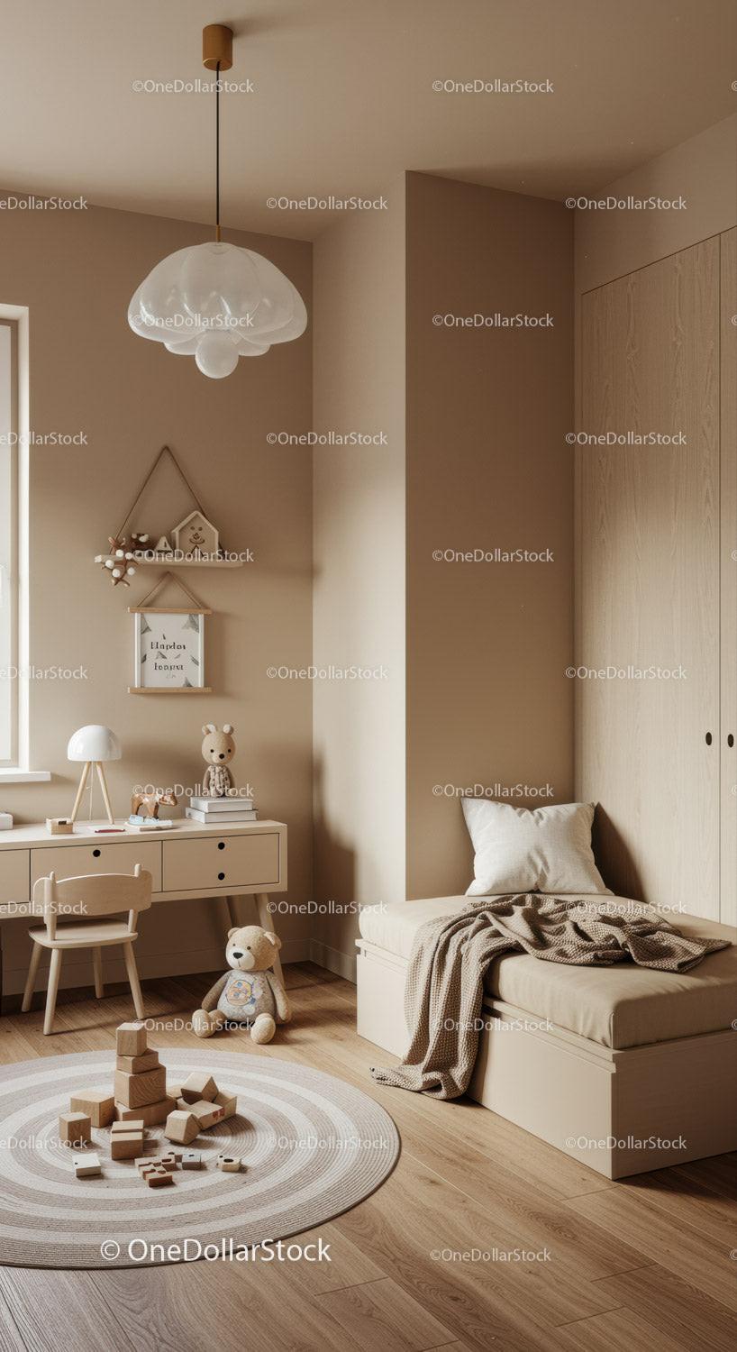 Cozy Children's Bedroom with Wooden Furniture and Plush Toys