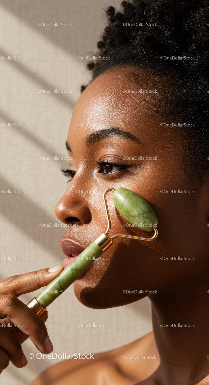 Close-Up of a Multiracial Woman Using Jade Roller for Facial Rejuvenation