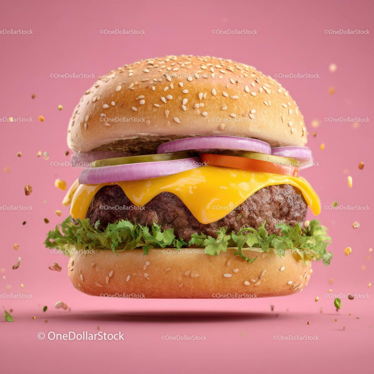Juicy Cheeseburger with Melty Cheese and Fresh Vegetables on Pink Background Stock Photo Bundle preview 14