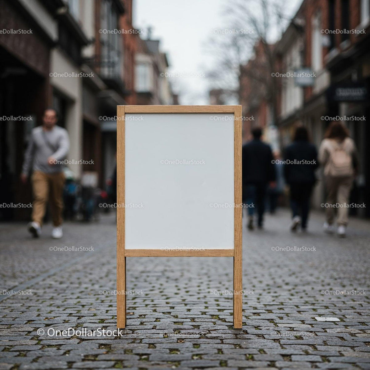 Blank wooden signboard on cobblestone city street JPG Mockup Image preview