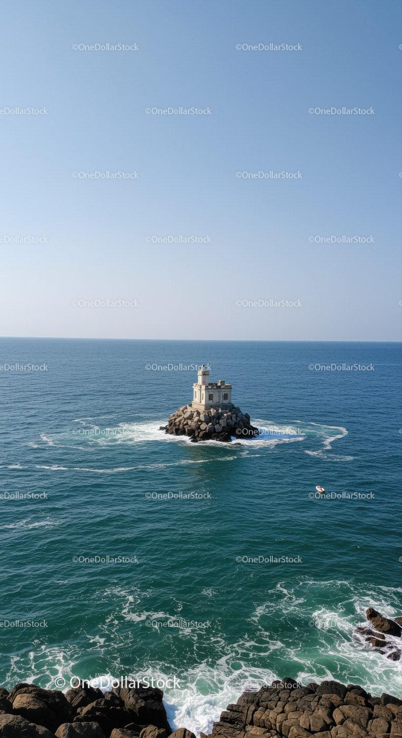 Small Lighthouse on Rocky Island Over Calm Blue Ocean