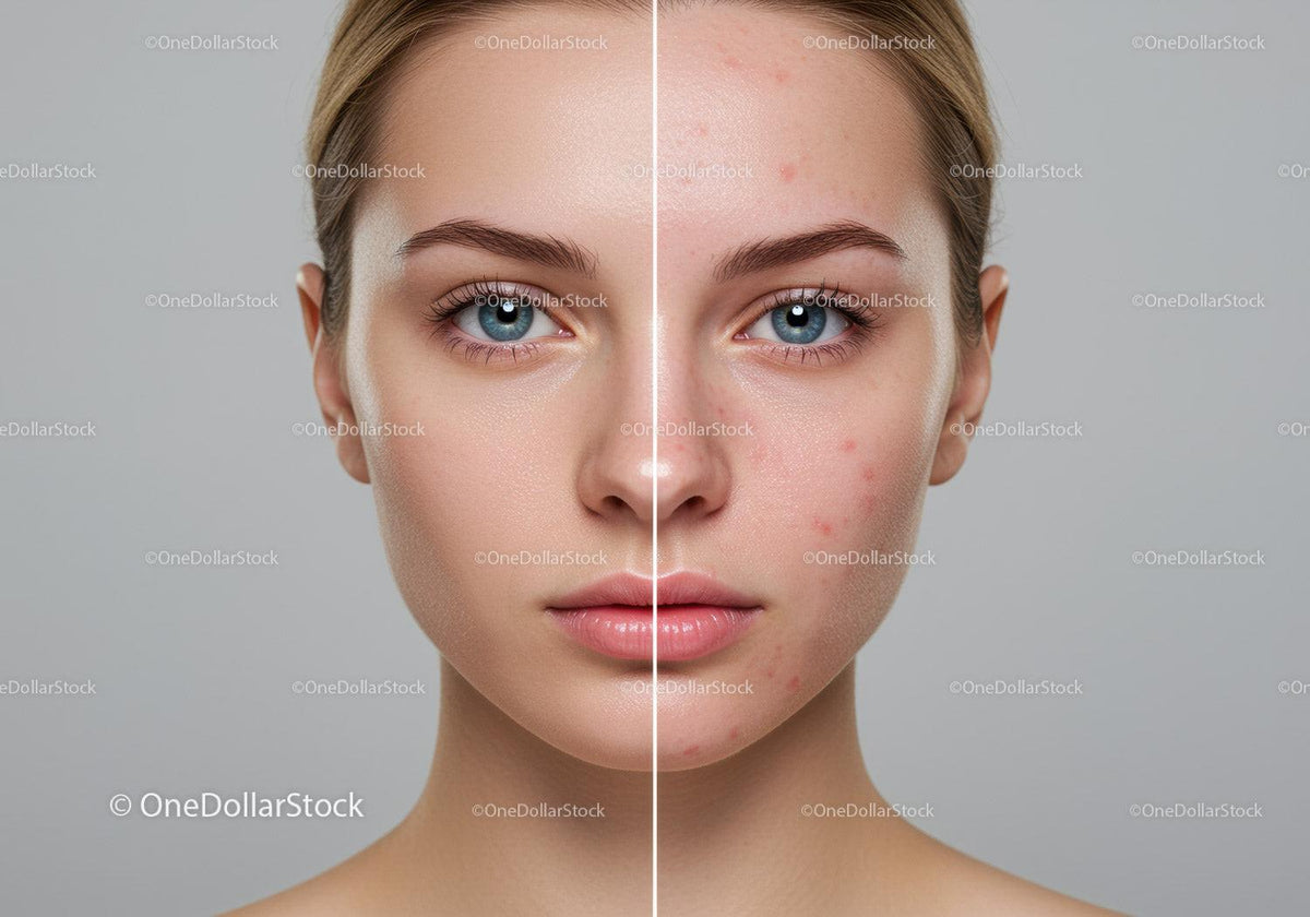 Close-Up Portrait of Young Woman with Acne Before and After Skincare