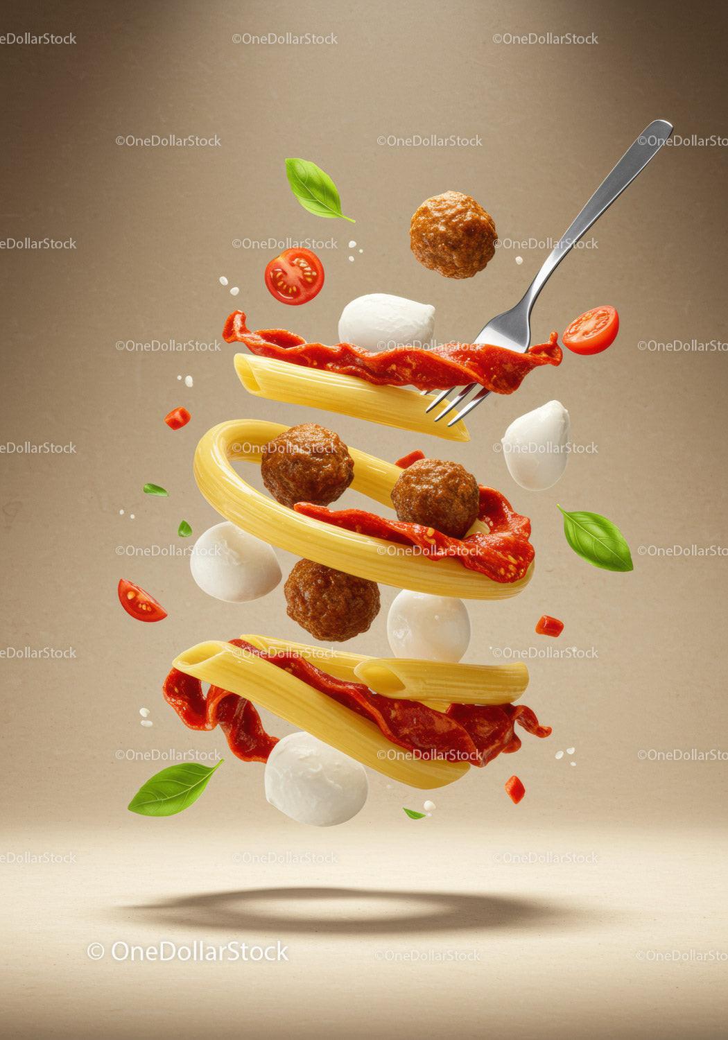 Floating Italian Pasta with Meatballs and Fresh Ingredients