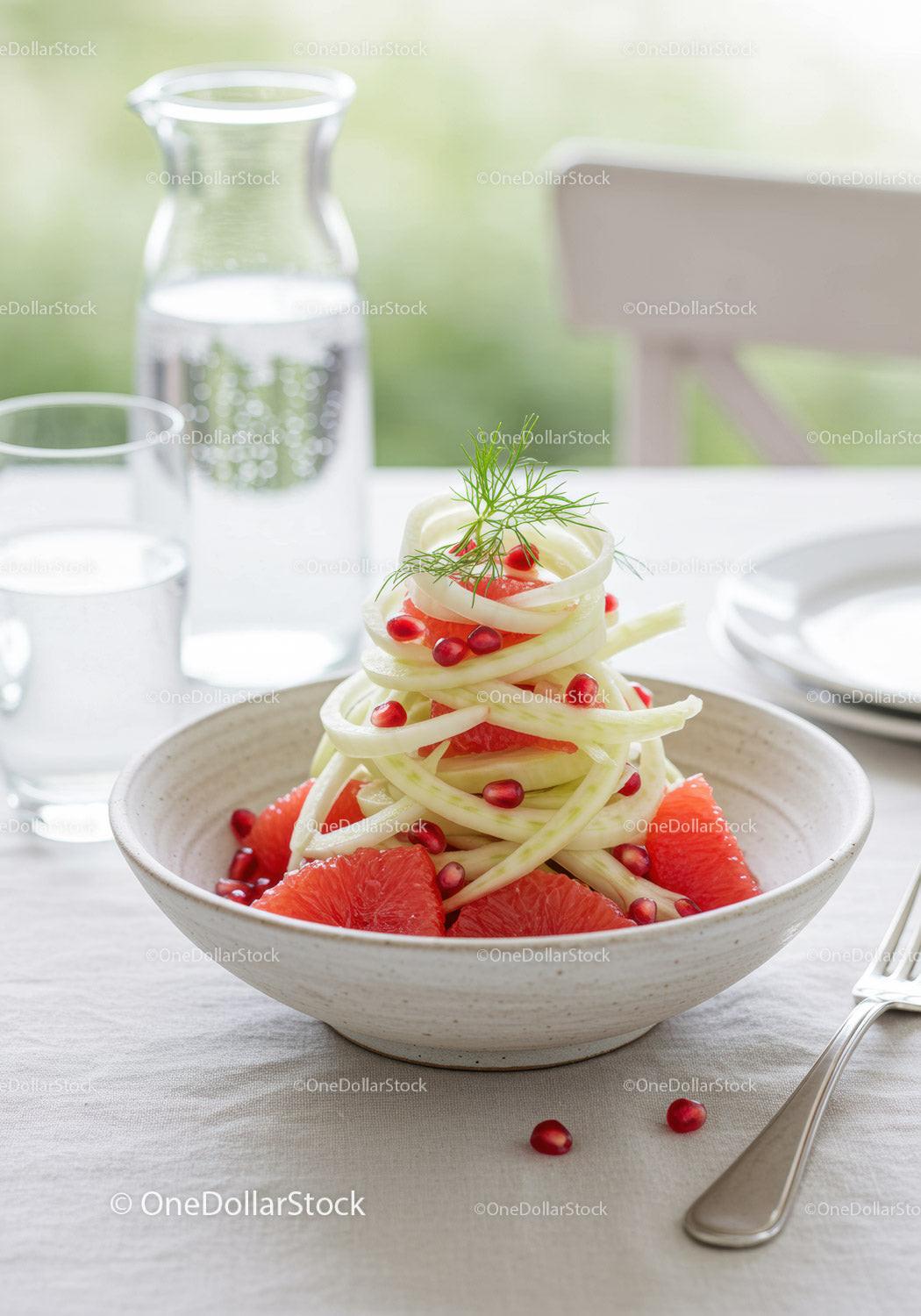 Fresh fennel and grapefruit salad with pomegranate seeds