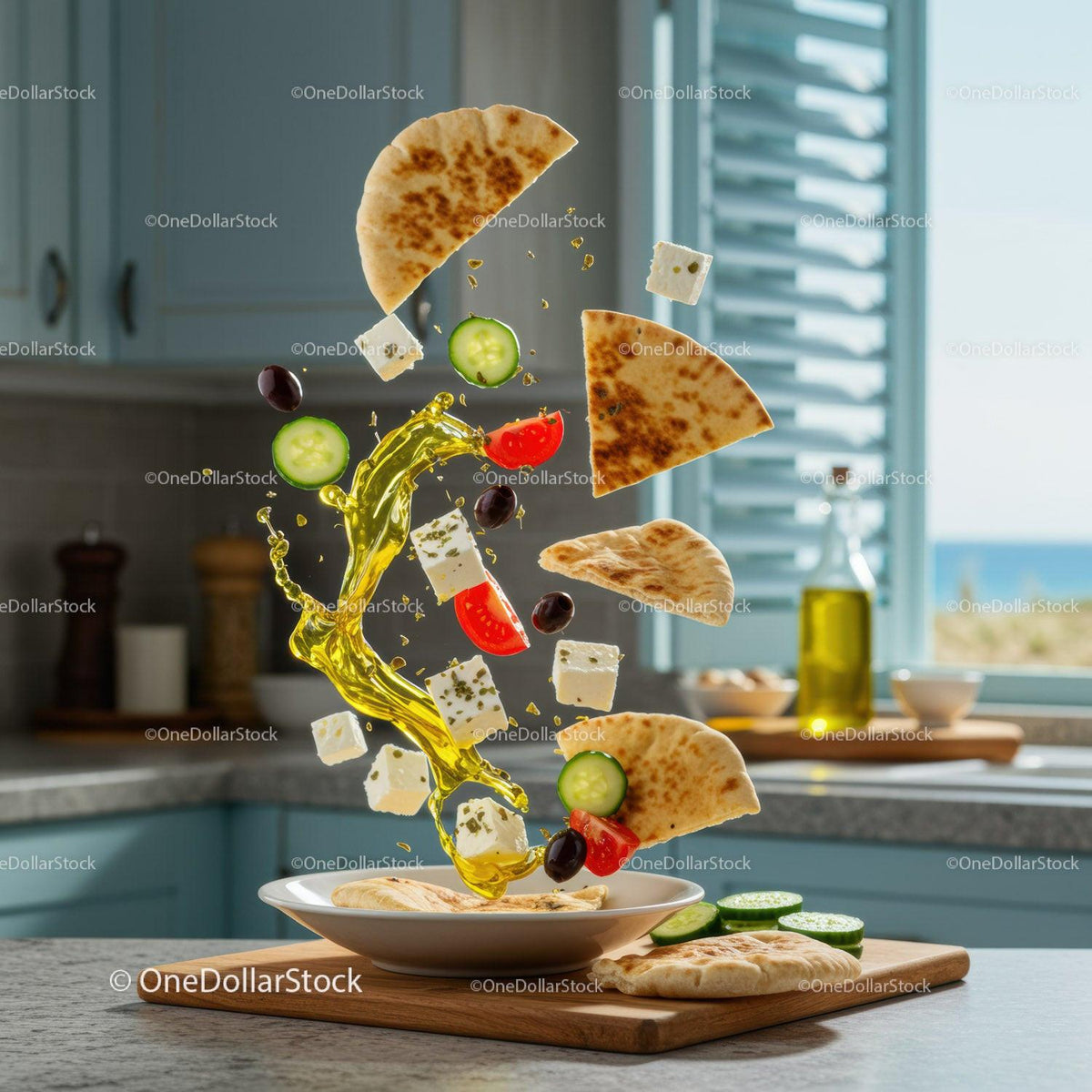 Mediterranean Salad Ingredients Floating Over Plate
