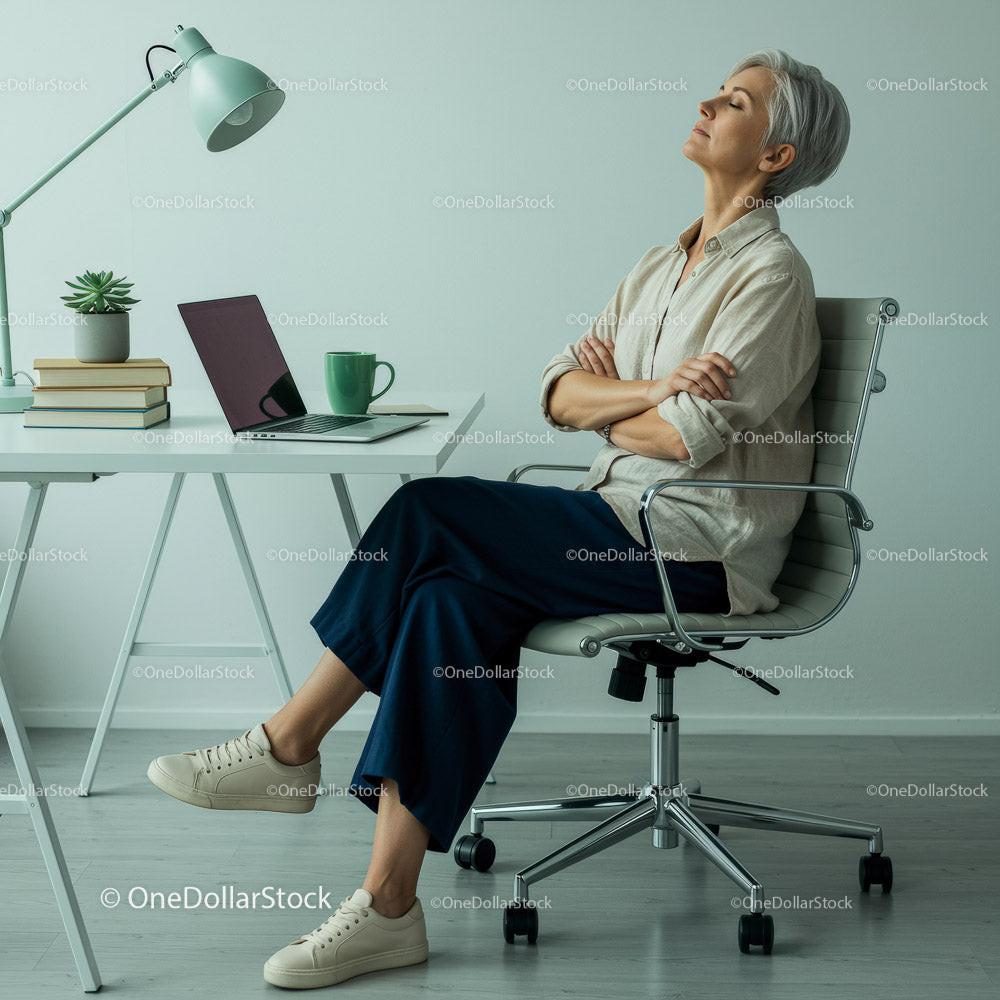 stock photo bundle made with Thoughtful Woman Enjoying Peaceful Moment in Modern Office Stock Photo Bundle