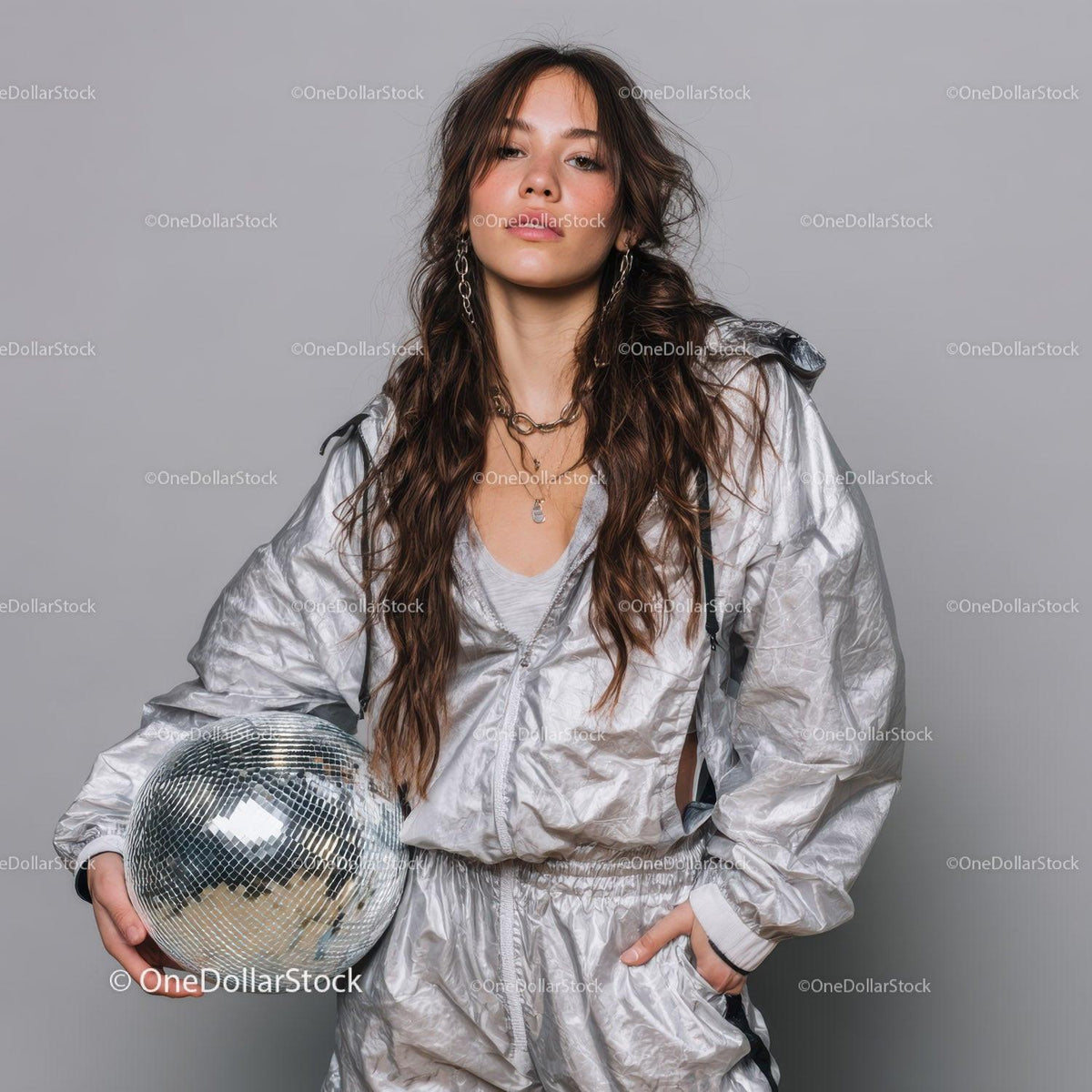 Stylish Woman in Metallic Outfit Holding Disco Ball for Modern Fashion Stock Photo Bundle preview 19