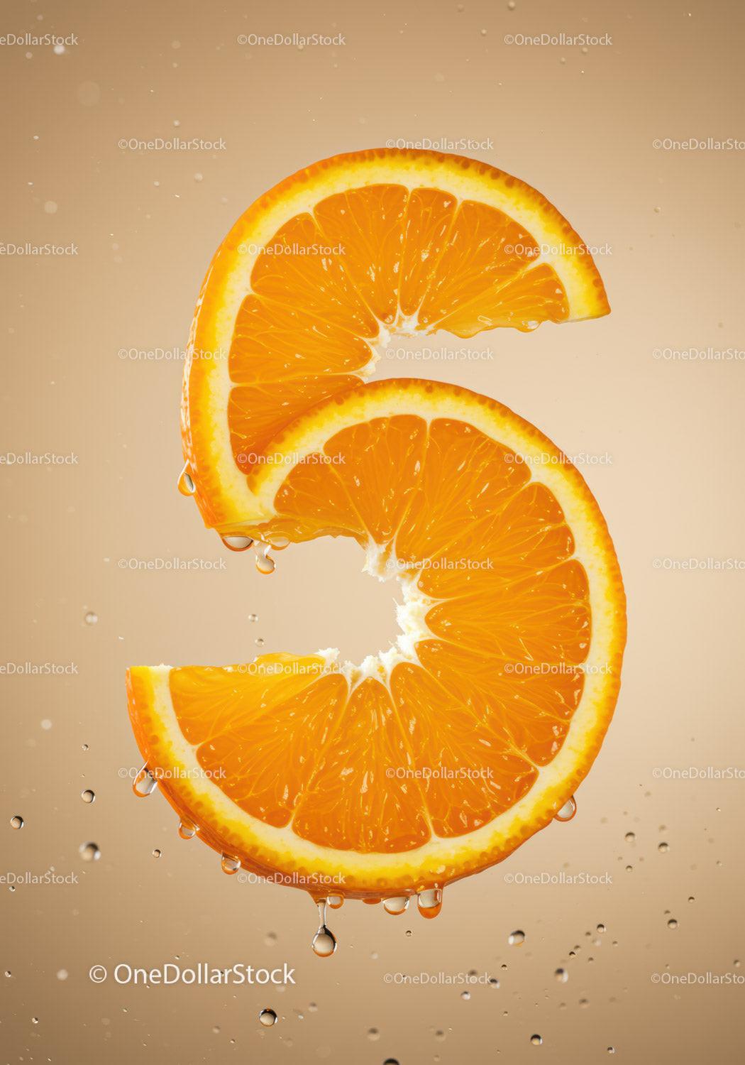 Fresh orange slices forming number five with water drops