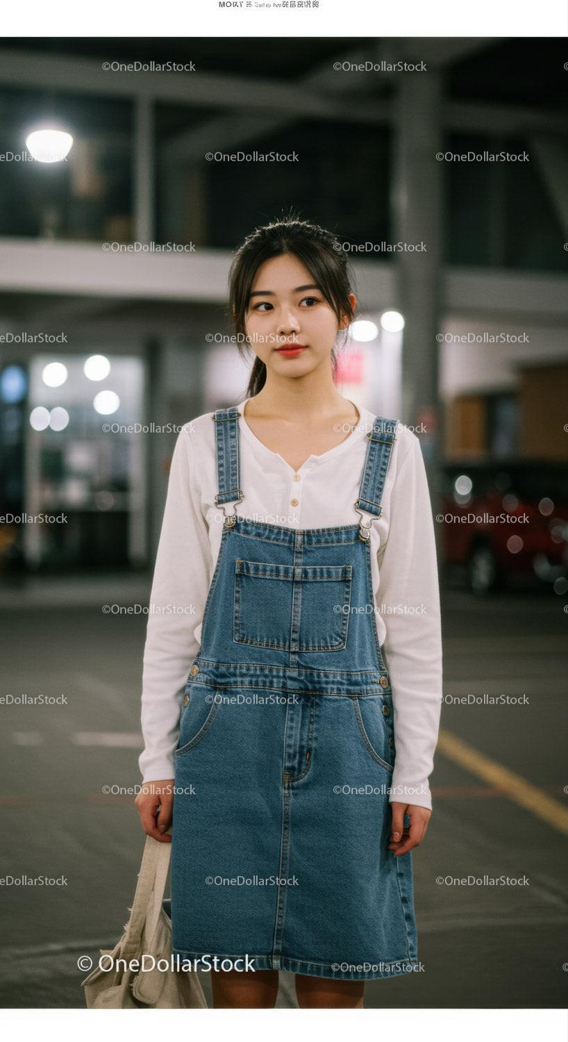 Young Woman Wearing Denim Dress and White Blouse in Night Urban Setting