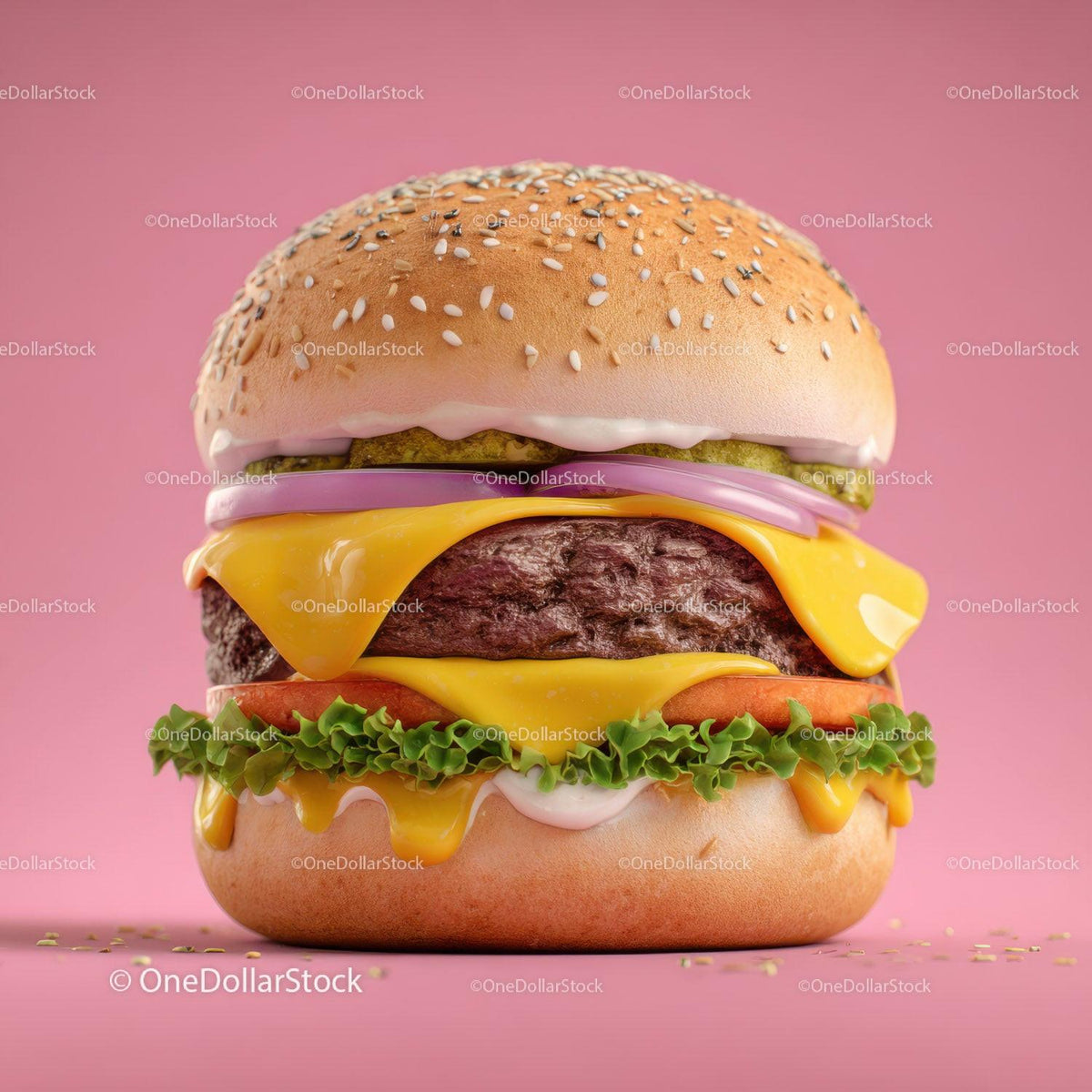 Juicy Cheeseburger with Melty Cheese and Fresh Vegetables on Pink Background Stock Photo Bundle preview 13