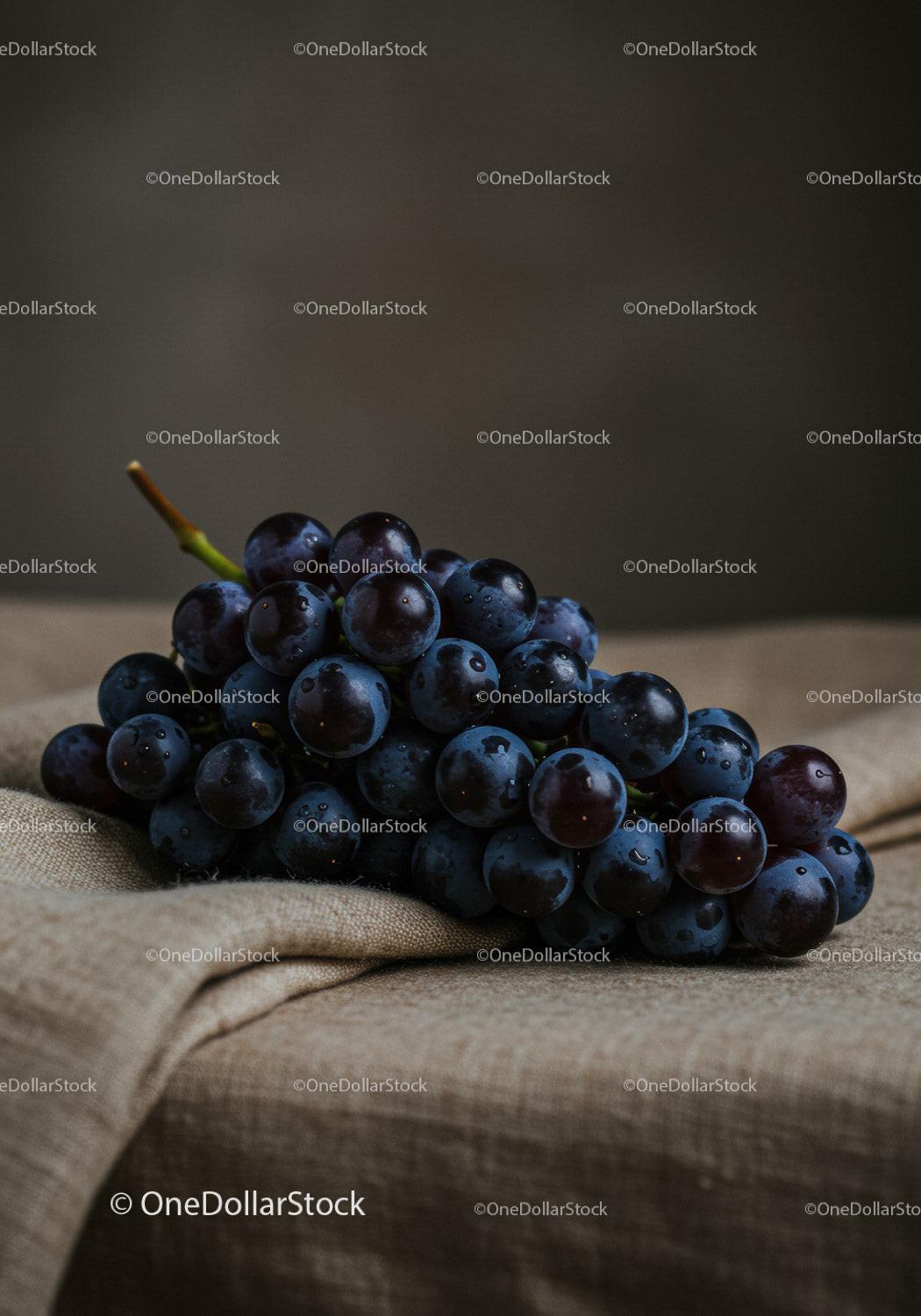 Fresh ripe black grapes on rustic fabric background