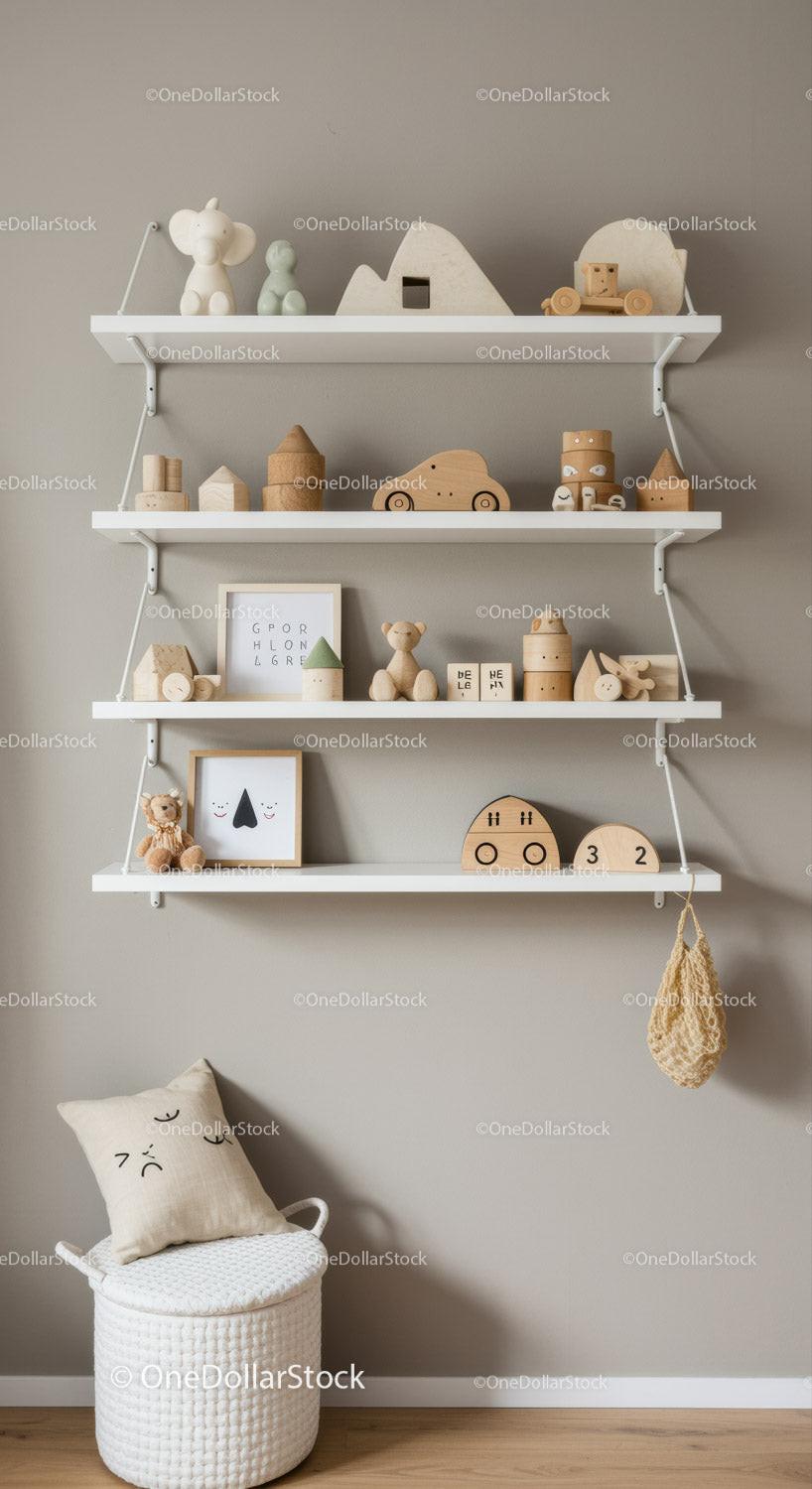 Stylish Nursery Shelf with Wooden Toys and Decor in Minimalist Style