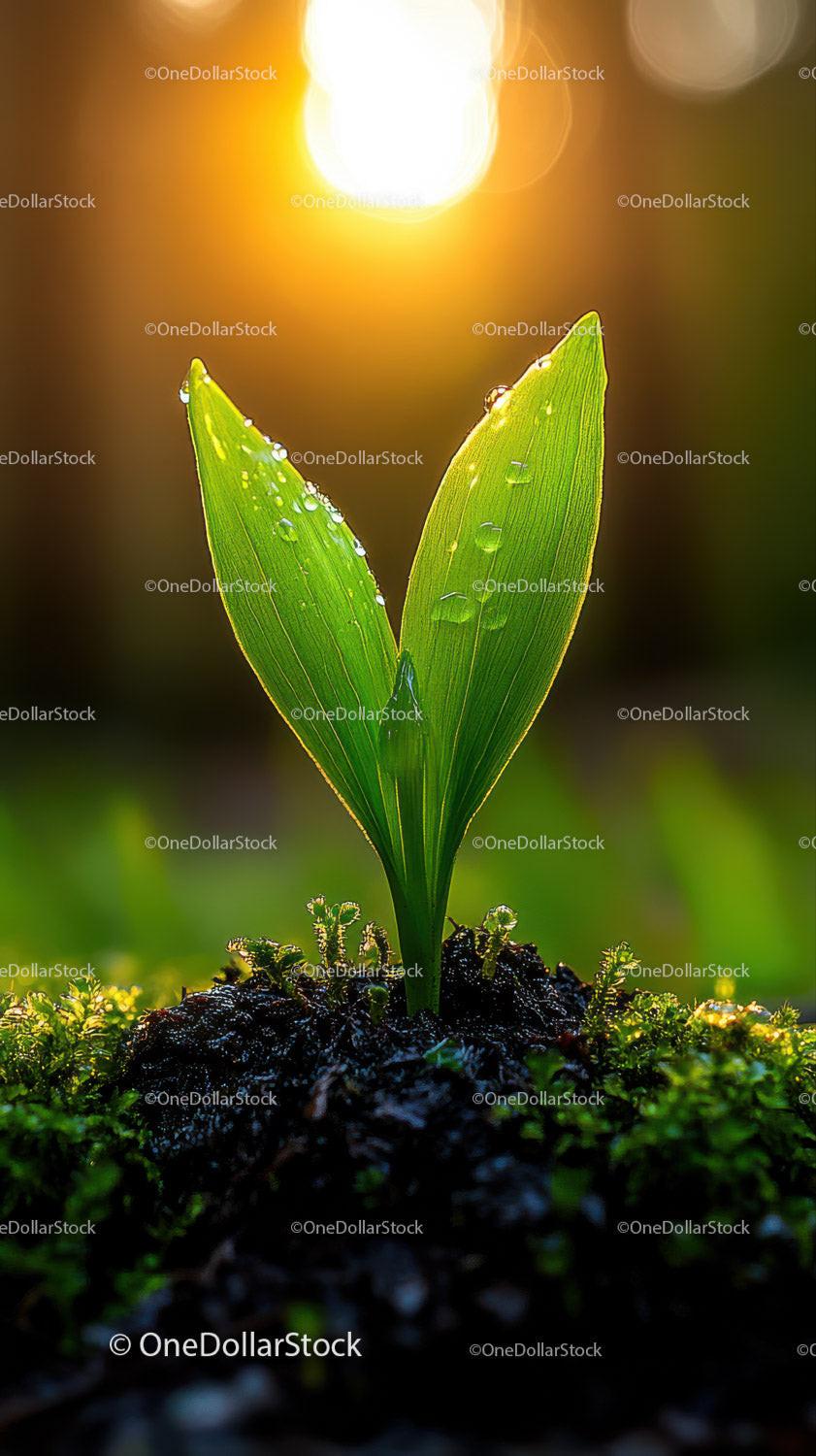 Fresh Green Seedling with Dew Drops in Natural Soil Landscape Stock Photo Bundle preview 17
