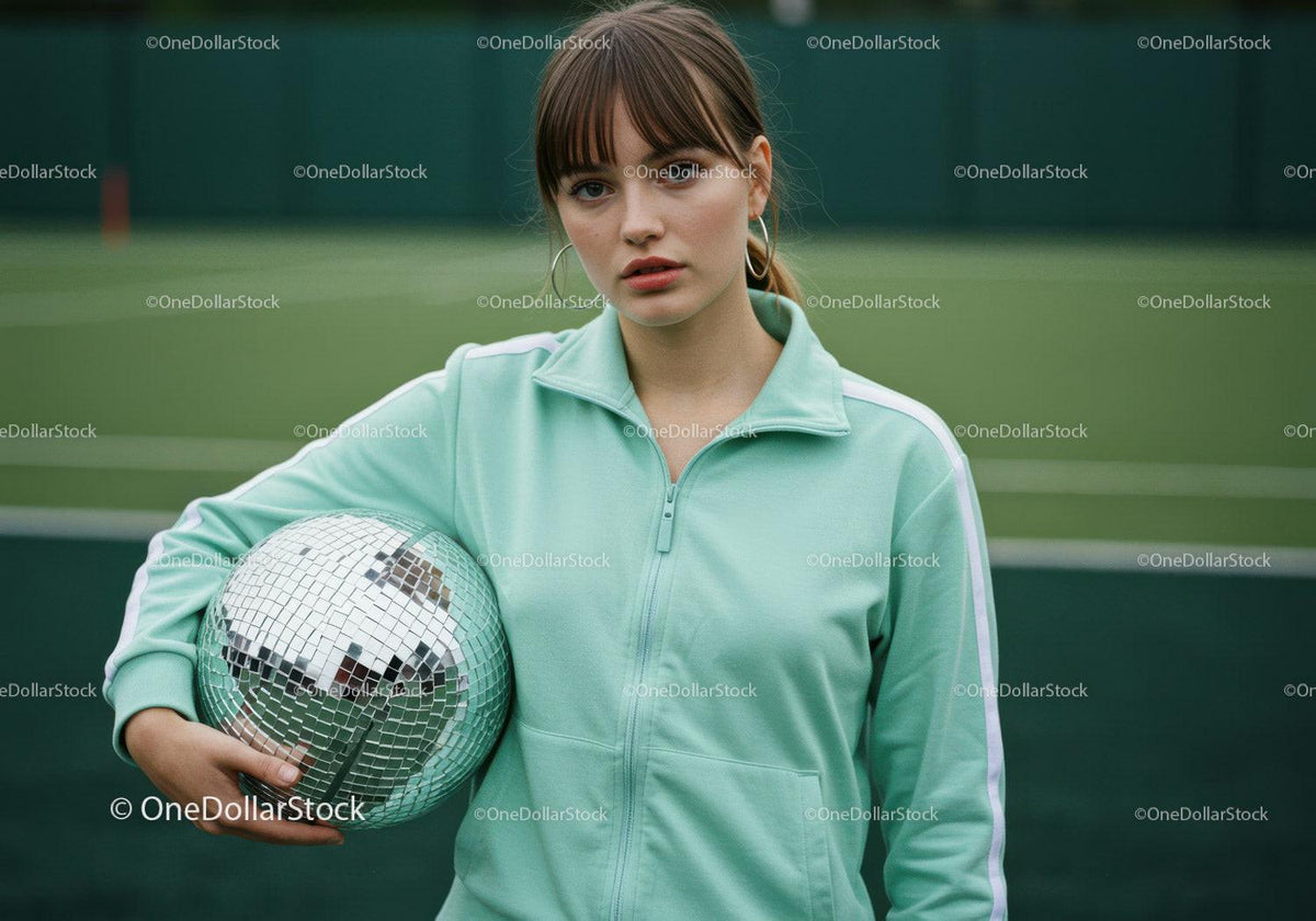 Young Woman in Mint Green Sports Jacket Holding Disco Ball on Tennis Court