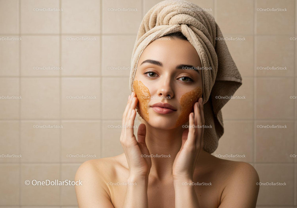 Young Woman Applying Facial Mask with Towel Wrapped Head