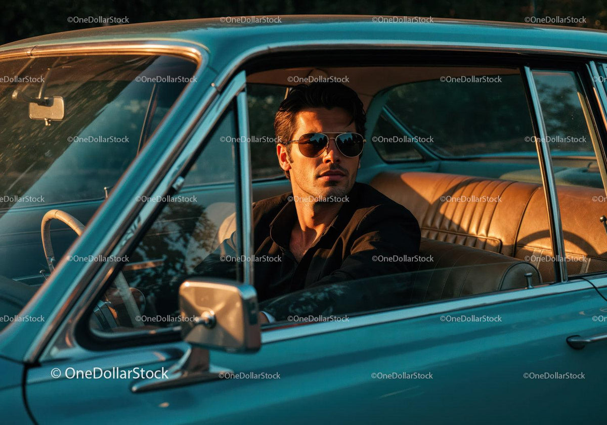Stylish Man in Sunglasses Sitting in Classic Vintage Car at Sunset Stock Photo Bundle preview 30