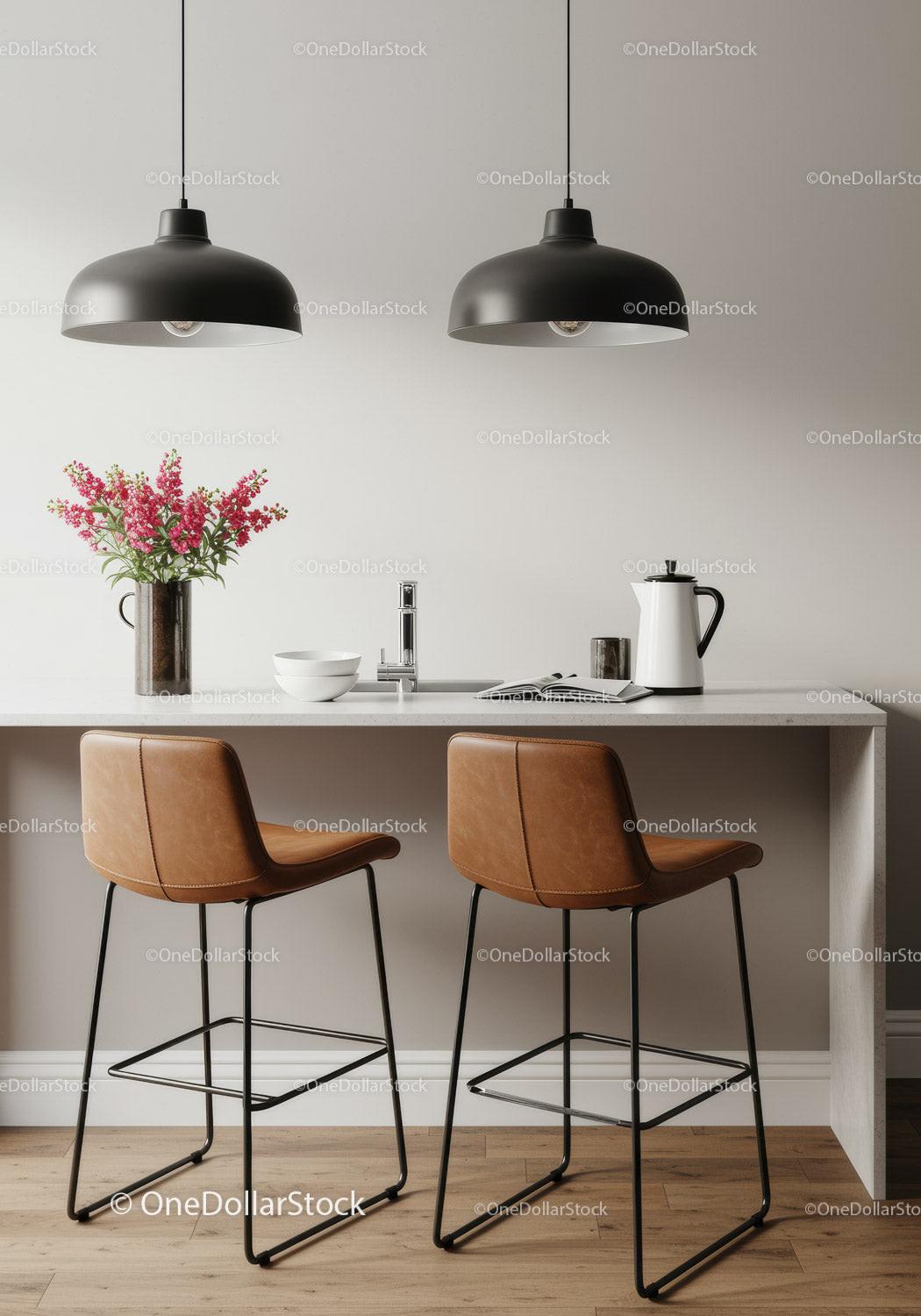 Modern Kitchen with Leather Bar Stools and Pendant Lights
