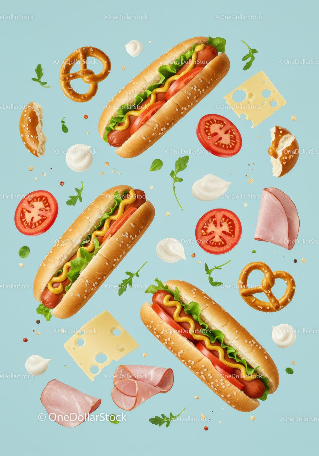 Fresh hot dogs with pretzels and ingredients on blue