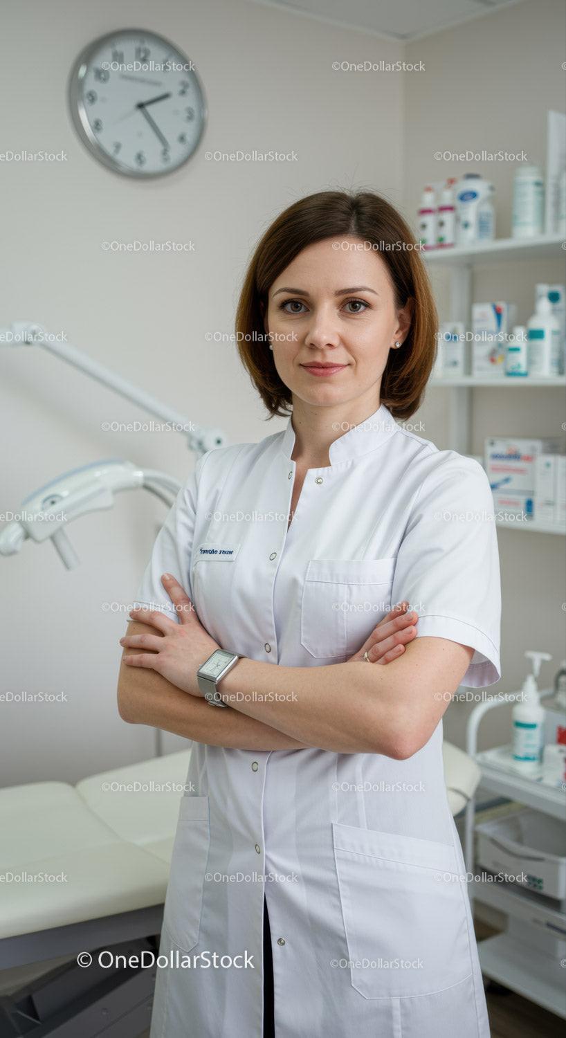 Female Healthcare Professional Standing Confidently in Medical Clinic