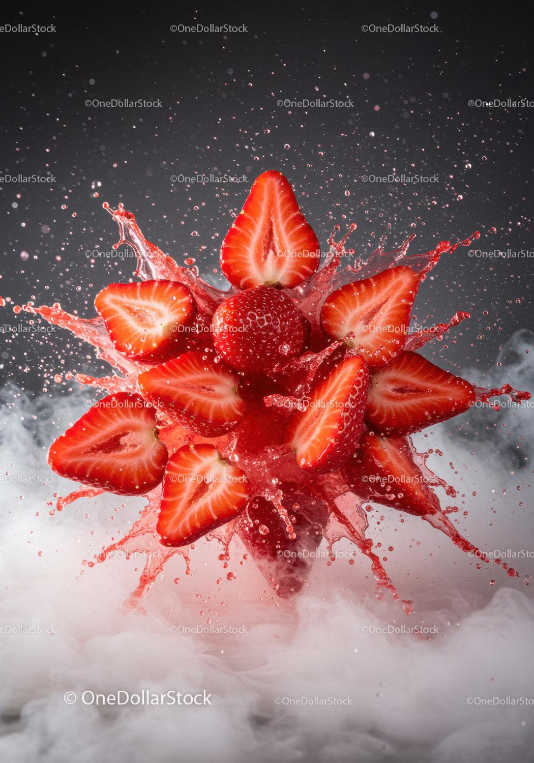 Fresh strawberries bursting with vibrant juice splash