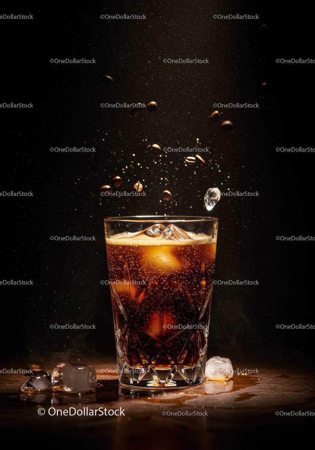 Iced coffee with coffee beans and ice cubes on dark background
