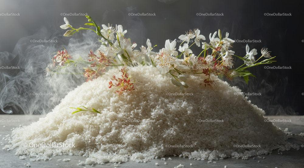 White Rice Heap with Flowers and Smoke in a Rustic Kitchen Setting