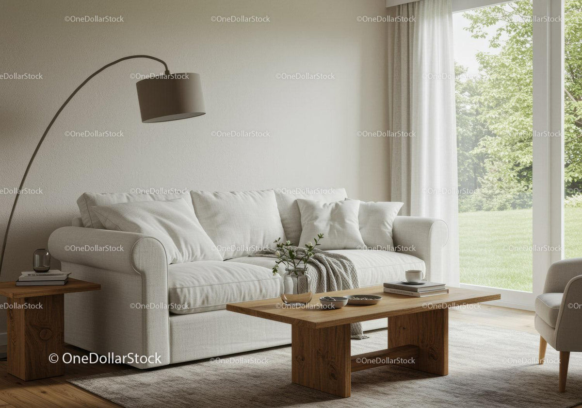 Minimalist living room with soft sofa and natural light
